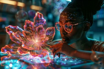 African female designer creating digital 3D holographic flower using AI technology at futuristic office desk.