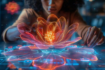 African female designer creating digital 3D holographic flower using AI technology at futuristic office desk.