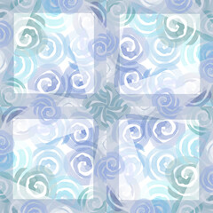 Abstract background with spirals and watercolor texture. Blue turquoise background for printing on scarf, shawl, fabric. Fashionable pattern for packaging design.