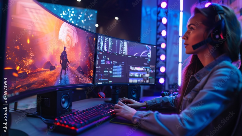 Leinwandbilder a woman wearing headphones sits at a desk in front of a computer with a video game displayed on the 
