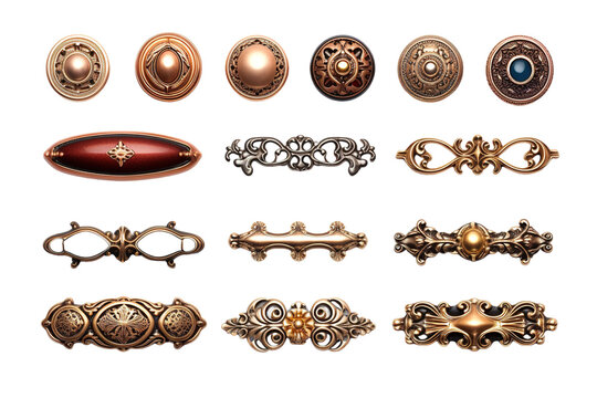 A Collection of Ornate and Intricately Designed Metal Hardware for Furniture and Decor on a White or Clear Surface PNG Transparent Background.