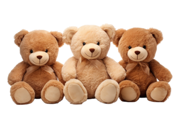 Three Plush Teddy Bears Sitting Side By Side In A Row on a White or Clear Surface PNG Transparent Background.