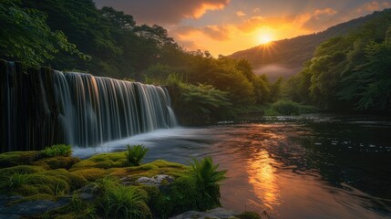 Tranquil waterfall amidst lush greenery at sunset landscape