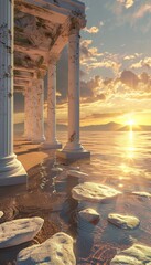 Fototapeta premium Ancient greek temple by the seashore at sunset white columns, clear water, realistic coastal scene