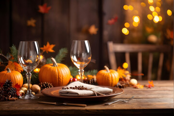 Wooden table, free space, with thanksgiving theme blurred background
