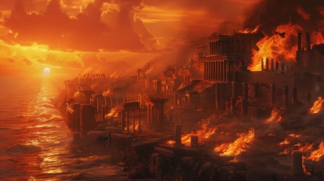 Dramatic depiction of troy  ancient greek city ablaze at sunset with temples burning by the sea