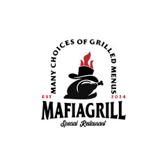 Grilled chicken logo design, mafia hat and hot fire, useful for grilled food restaurants