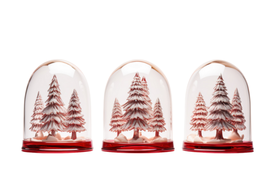 A Trio of Festive Winter Scenes in Miniature Snow Globes on a White or Clear Surface PNG Transparent Background.