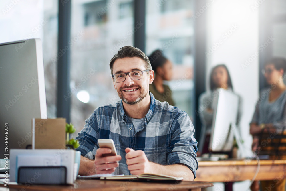Poster phone, smile and portrait of man at desk with online chat, research and networking on social media. 