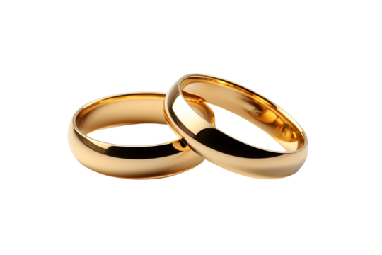 Two Shiny Golden Wedding Bands Interlocked on White Background on a White or Clear Surface PNG Transparent Background.