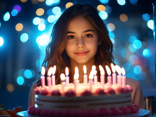 Cute 18 year old teen girl in front of a cake, celebrating her eighteen adulthood birthday , majority or legal age concept
