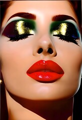 A close-up portrait of a young woman with dramatic eye makeup in shades of green and gold, and bright red glossy lips