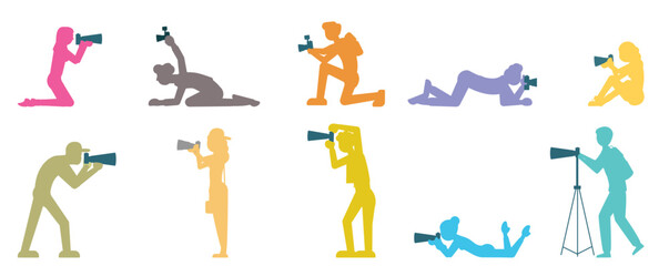 Paparazzi, photographer, reporter, journalist and amateur cameraman colorful silhouette vector illustration set. Male and female person making professional photo enjoying hobby or job occupation