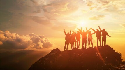 A group of diverse people celebrating their success on a mountaintop at sunrise. AIG535