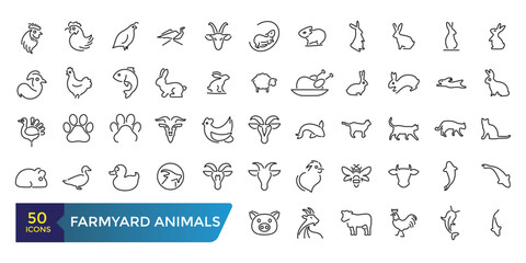 Farmyard Animals Icon set. Collection and pack of linear web and ui icons. Editable stroke. Vector illustration.
