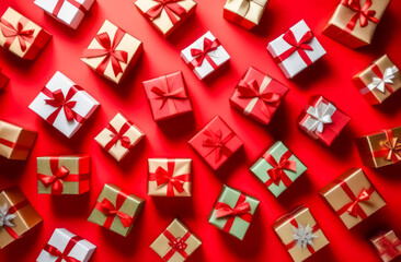 A red background with many boxes of christmas presents. Christmas concept. Collection of Christmas present boxes on a red background. Close up, copy space. Gift boxes and Christmas decorations on red