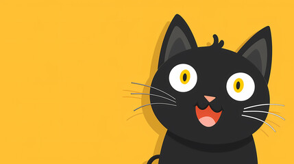 Cute black cat with wide eyes and a surprised expression against a bright yellow background.