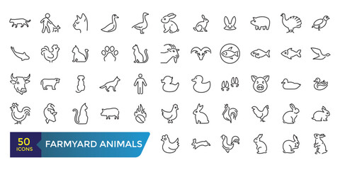 Farmyard Animals Icon set. Collection and pack of linear web and ui icons. Editable stroke. Vector illustration.