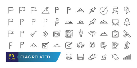 Flag Related line icons. Contains such Icons as Achievement, Victory, Map with a Flag and more. Collection and pack of linear web and ui icons. Editable stroke. Vector illustration.