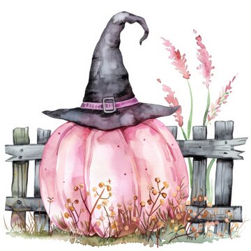 recommend clip art: The pumpkin with the witch's hat, a watercolor illustration isolated on white