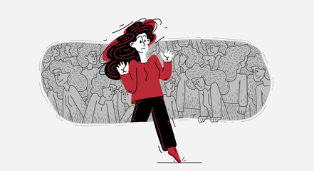 A person takes a step out of a comfort zone of social relations, vector illustration of marginality or personal development.