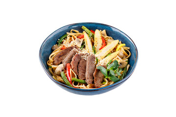 Udon noodles with beef and vegetables for the menu, website, restaurant or food delivery