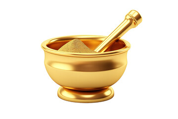 A Golden Mortar And Pestle Filled With Powder Ready For Grinding on a White or Clear Surface PNG Transparent Background.