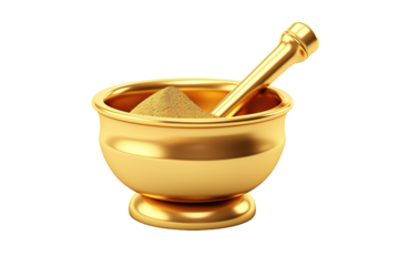A Golden Mortar And Pestle Filled With Powder Ready For Grinding on a White or Clear Surface PNG Transparent Background.