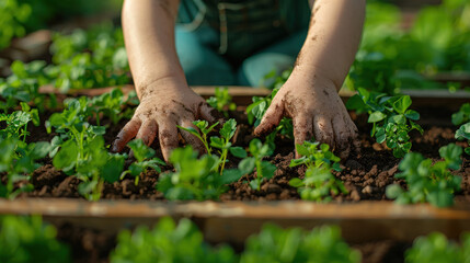 Fototapeta premium Close up of dirty kids hands taking care of small vegetable plants