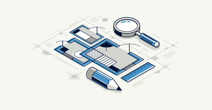 Engineering project concept, blueprint engineer work vector 3D isometric illustration, abstract draft drawing, cad technical plan.