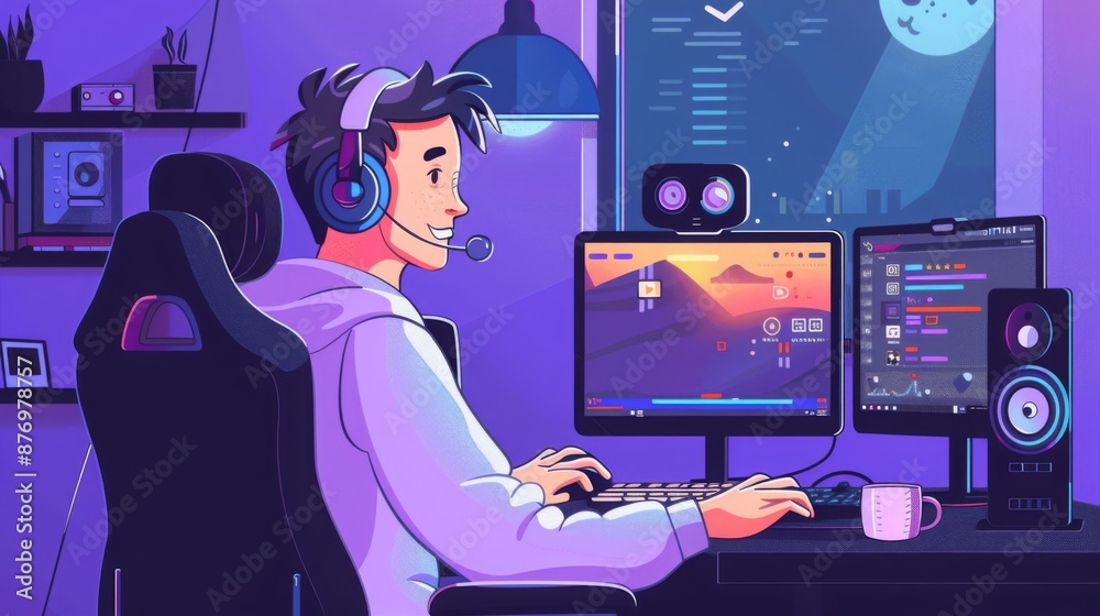 Poster A guy in headphones smiles while editing videos at his computer in a dimly lit room with a window displaying a night sky.
