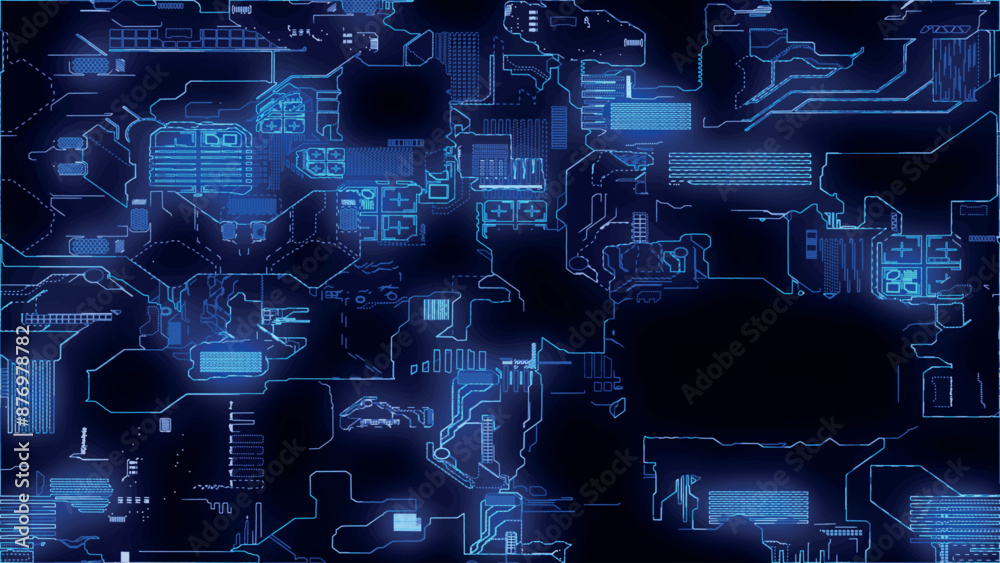Poster printed circuit board. visualization of advanced technology concept: pcb processor microchip, digiti