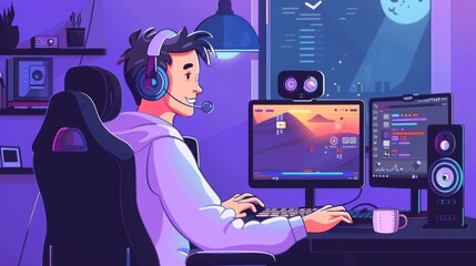 A guy in headphones smiles while editing videos at his computer in a dimly lit room with a window displaying a night sky.