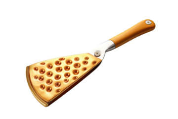 Golden Cheese Grater With Wooden Handle on a White or Clear Surface PNG Transparent Background.