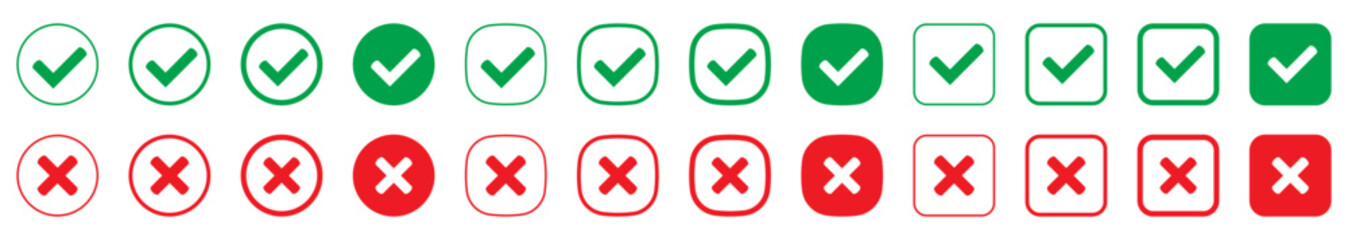 Right or wrong icons. Green tick and red cross checkmarks. Yes or no symbol, approved or rejected icon for user interface.