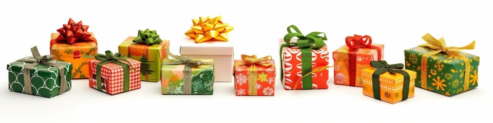 Obraz premium A row of colorful presents with green and yellow boxes. The boxes are decorated with bows and ribbons