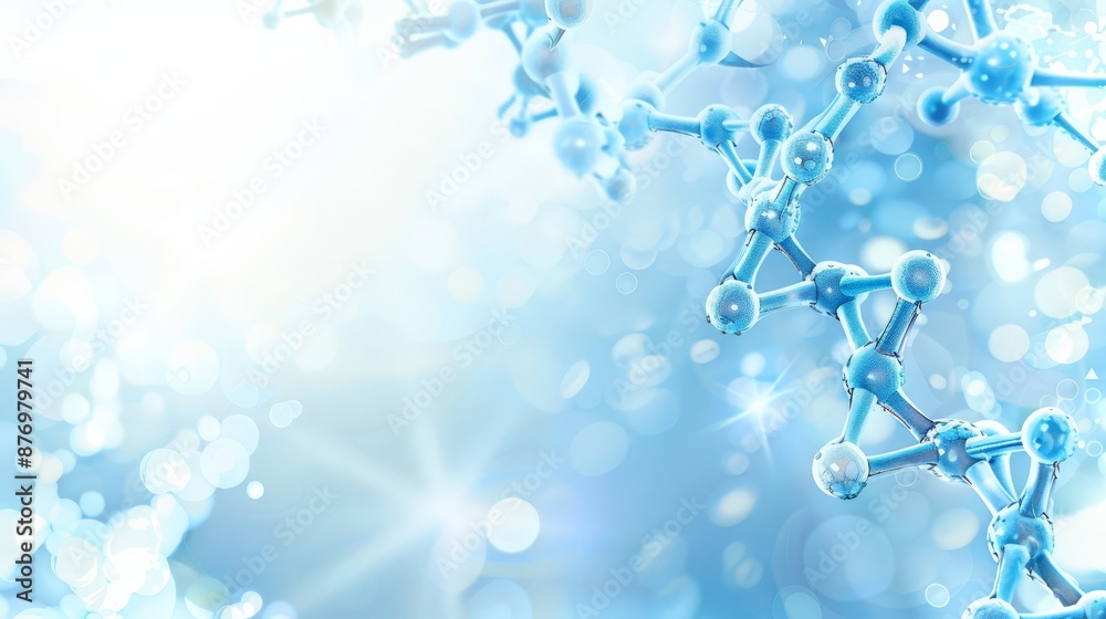 Poster blue molecular structure with bright bokeh background. abstract concept for medical research and inn