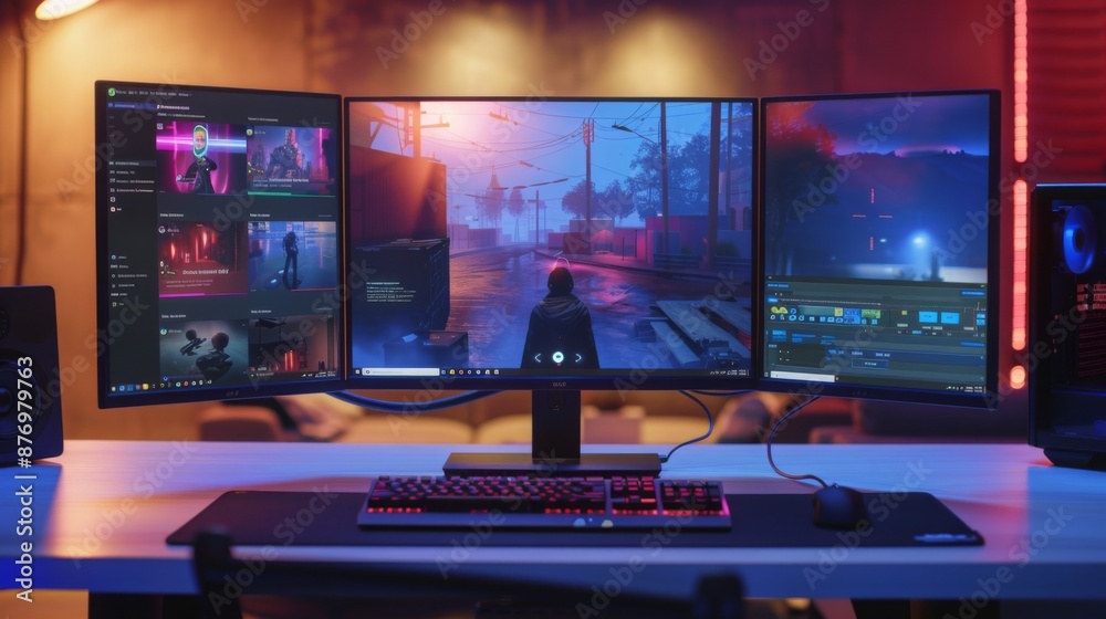 Poster A gamers desk with three monitors: one showing a video game, one showing a streaming interface, and one showing a video editing program.