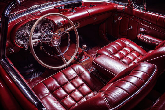 Detail of maroon leather interior old car steering wheel speedometer