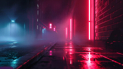 A cinematic panorama of urban noir with neon lights casting eerie shadows on the foggy streets.