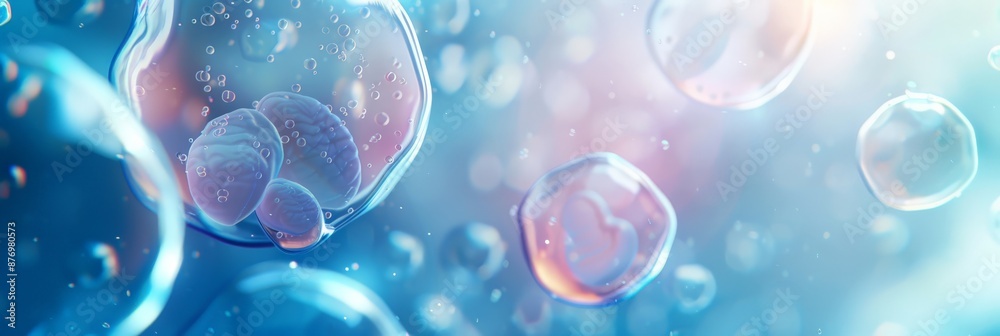 Poster Close-up of transparent cells with visible nuclei floating in a blue and pink background.