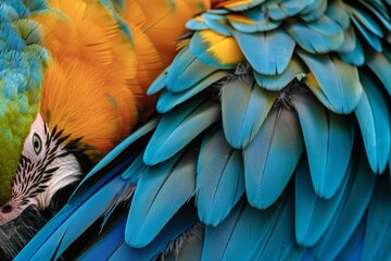 Fototapeta premium The blue feathers and beautiful luster of the golden parrot( macaw )