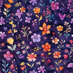 Watercolor flowers on dark purple background seamless pattern