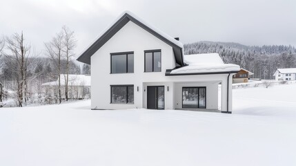 Naklejka premium Family home in winter, showcasing exterior heating solutions and insulation, ensuring warmth and comfort, set against a snowy landscape
