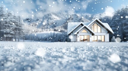 Fototapeta premium Family home in winter, showcasing exterior heating solutions and insulation, ensuring warmth and comfort, set against a snowy landscape