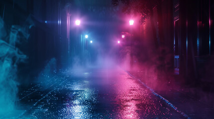 A surreal dreamscape of a dark street bathed in neon light and shrouded in night smog.