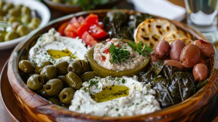 A platter of Greek mezze appetizers, including tzatziki, hummus, olives, and stuffed grape leaves.