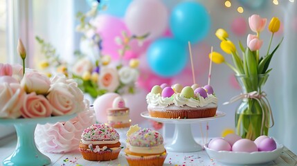 beautiful Easter table with egg cakes and balloons in the background