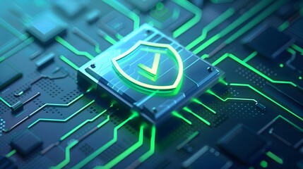 A high-tech microchip with a shield symbol representing cybersecurity and data protection on a futuristic circuit board with green neon lights.