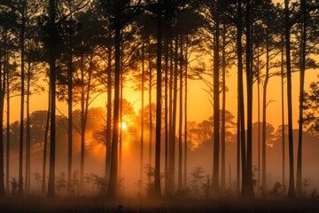 Fototapeta premium Towering longleaf pines stand silhouetted against glowing fog at sunrise in the Green Swamp of North Carolina